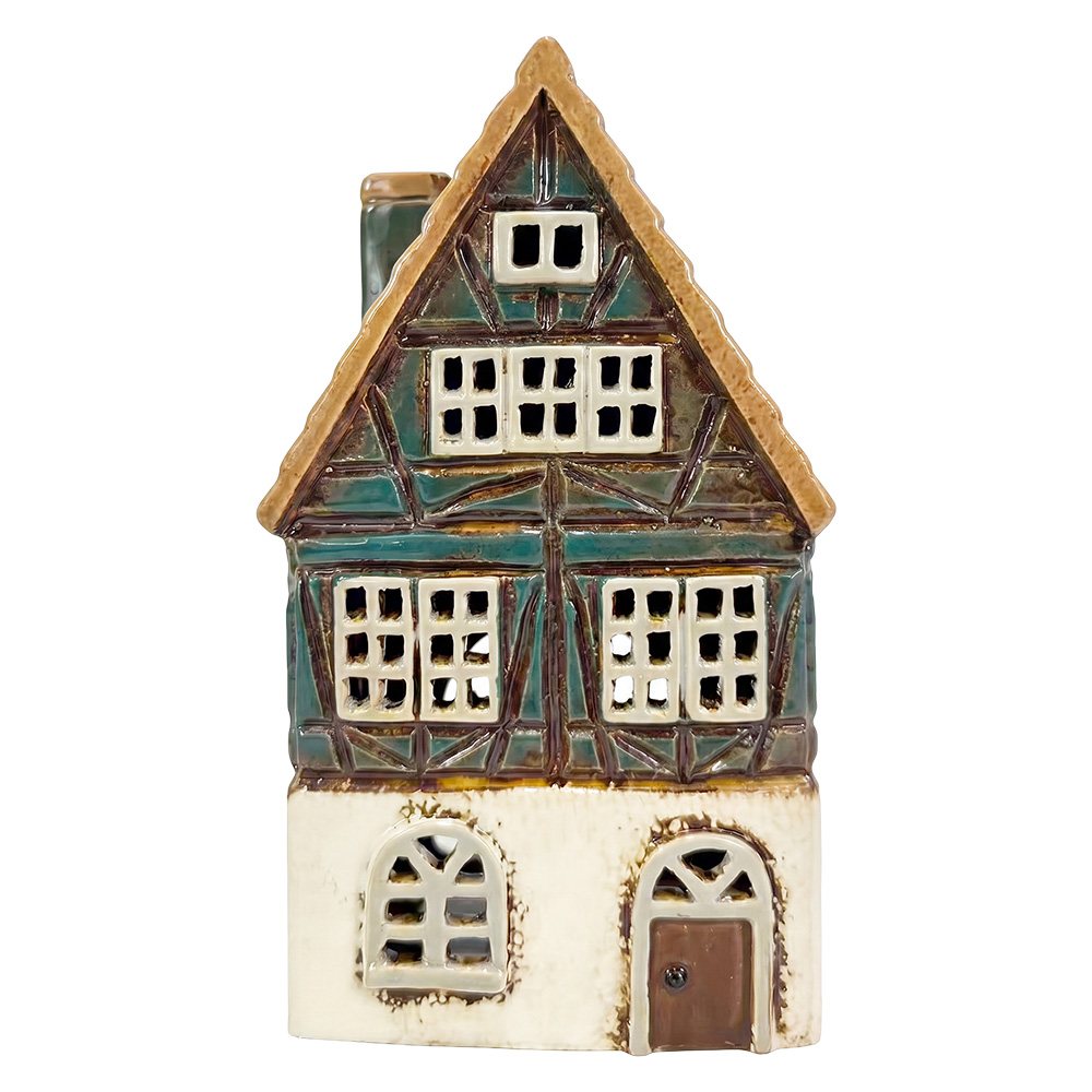 Clayre & Eef | Theelichthouder Kerst Huisje Blauw Bruin 11x8x19 cm | 6CE2520