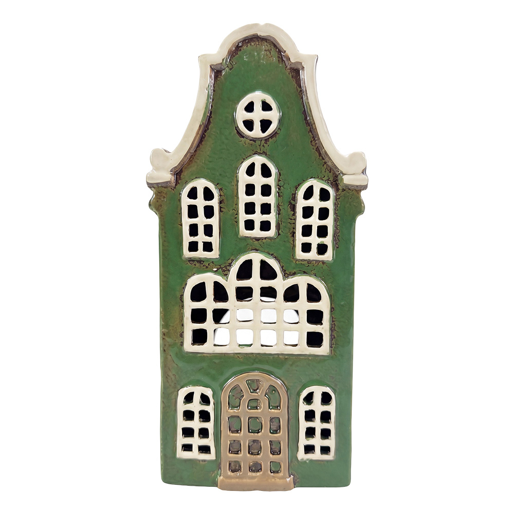 Clayre & Eef | Theelichthouder Kerst Huisje Groen Bruin 12x9x25 cm | 6CE2523