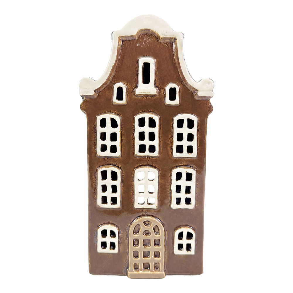 Clayre & Eef | Theelichthouder Kerst Huisje Bruin Beige 11x8x22 cm | 6CE2525