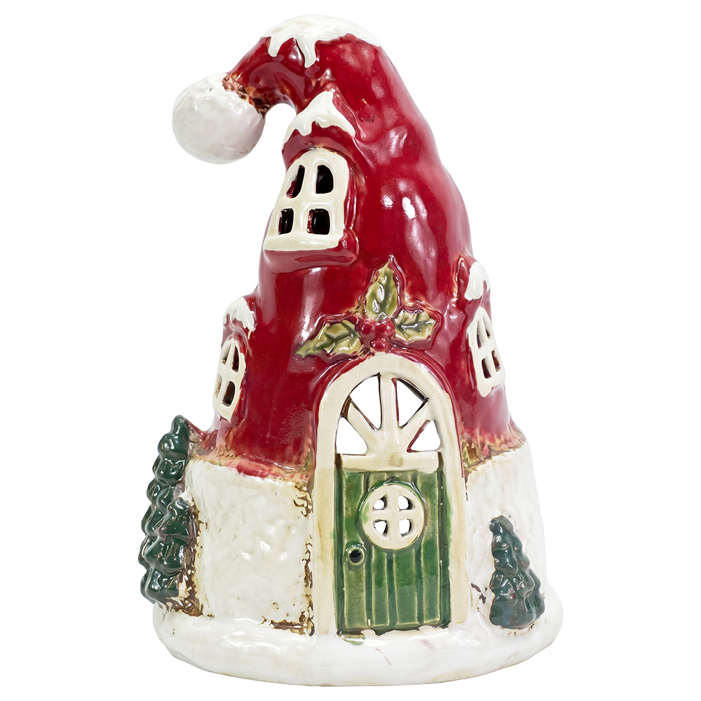 Clayre & Eef | Theelichthouder Kerst Huisje Wit Rood 13x12x18 cm | 6CE2531