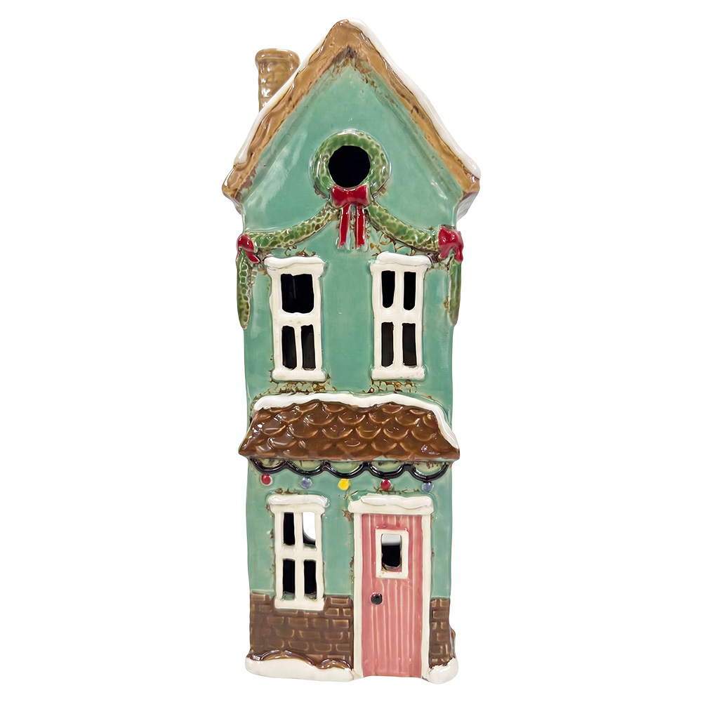 Clayre & Eef | Theelichthouder Kerst Huisje Groen Bruin 12x9x28 cm | 6CE2532