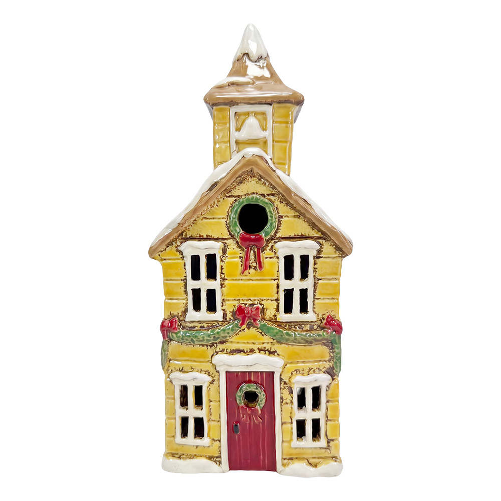 Clayre & Eef | Theelichthouder Kerst Huisje Geel Wit 12x9x28 cm | 6CE2534