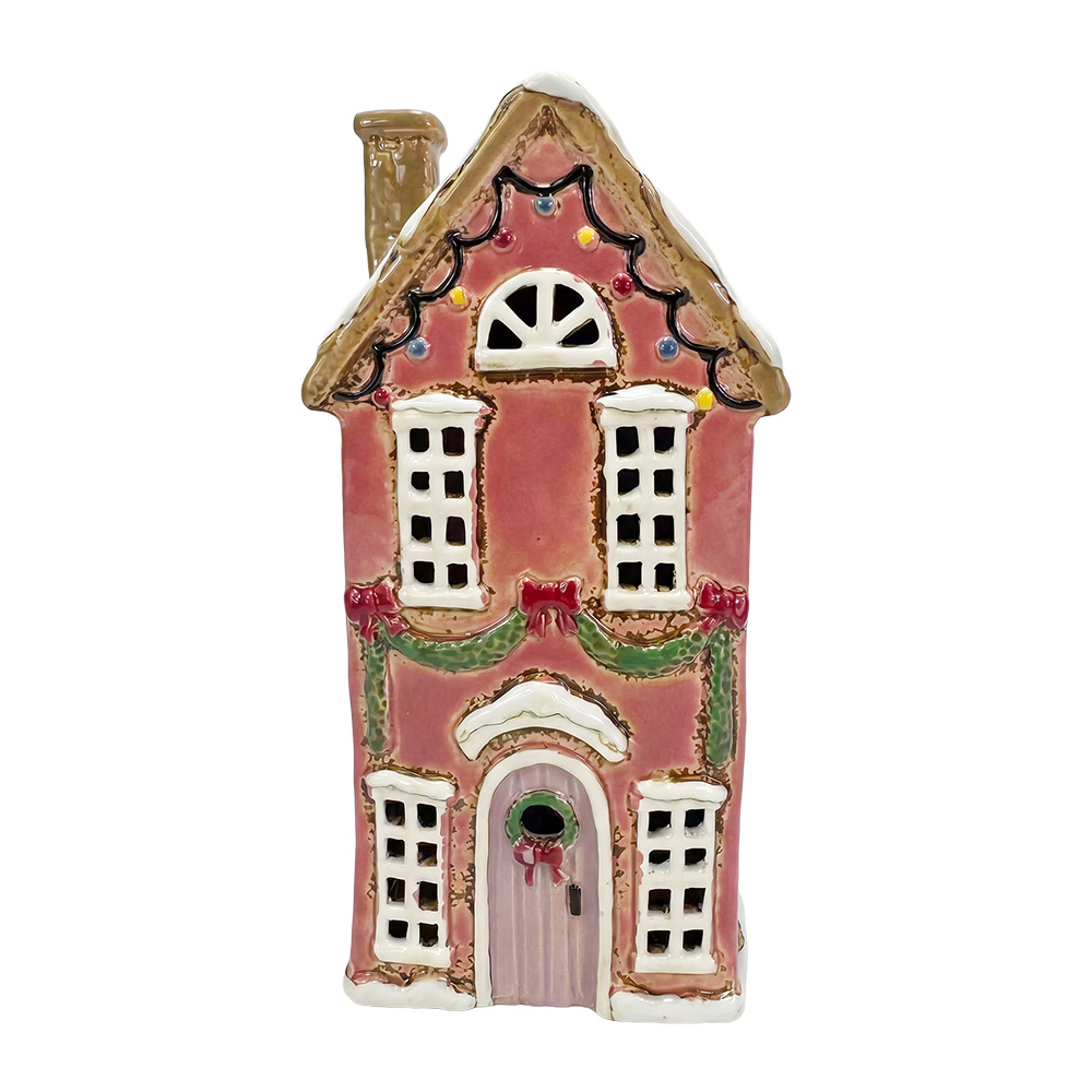Clayre & Eef | Theelichthouder Kerst Huisje Roze Wit 12x9x23 cm | 6CE2536