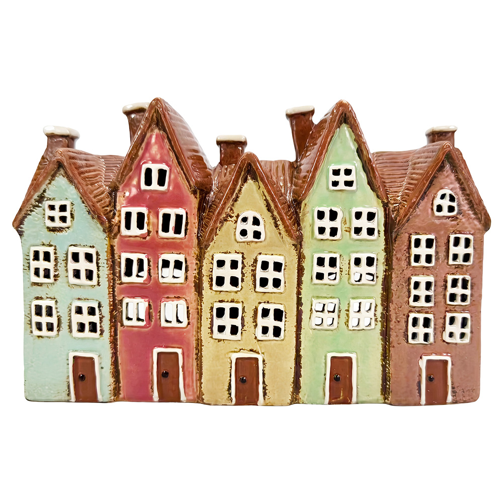 Clayre & Eef | Theelichthouder Kerst Huisjes Bruin Beige 26x9x17 cm | 6CE2537