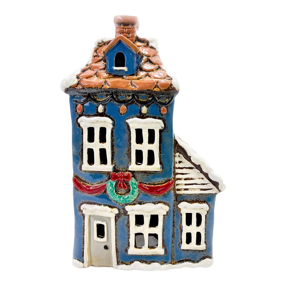 Clayre & Eef | Theelichthouder Kerst Huisje Blauw Bruin 17x11x27 cm | 6CE2541