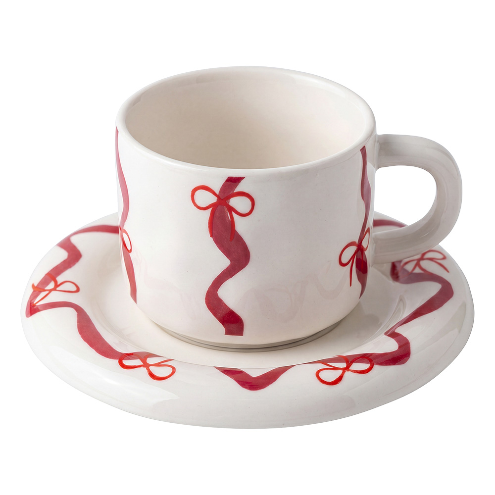 Clayre & Eef | Kop en schotel Wit Rood 250 ml | 6CEKS0146