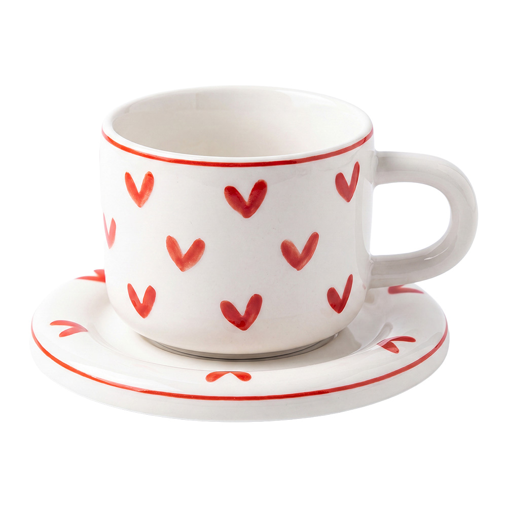 Clayre & Eef | Kop en schotel Wit Rood 250 ml | 6CEKS0147