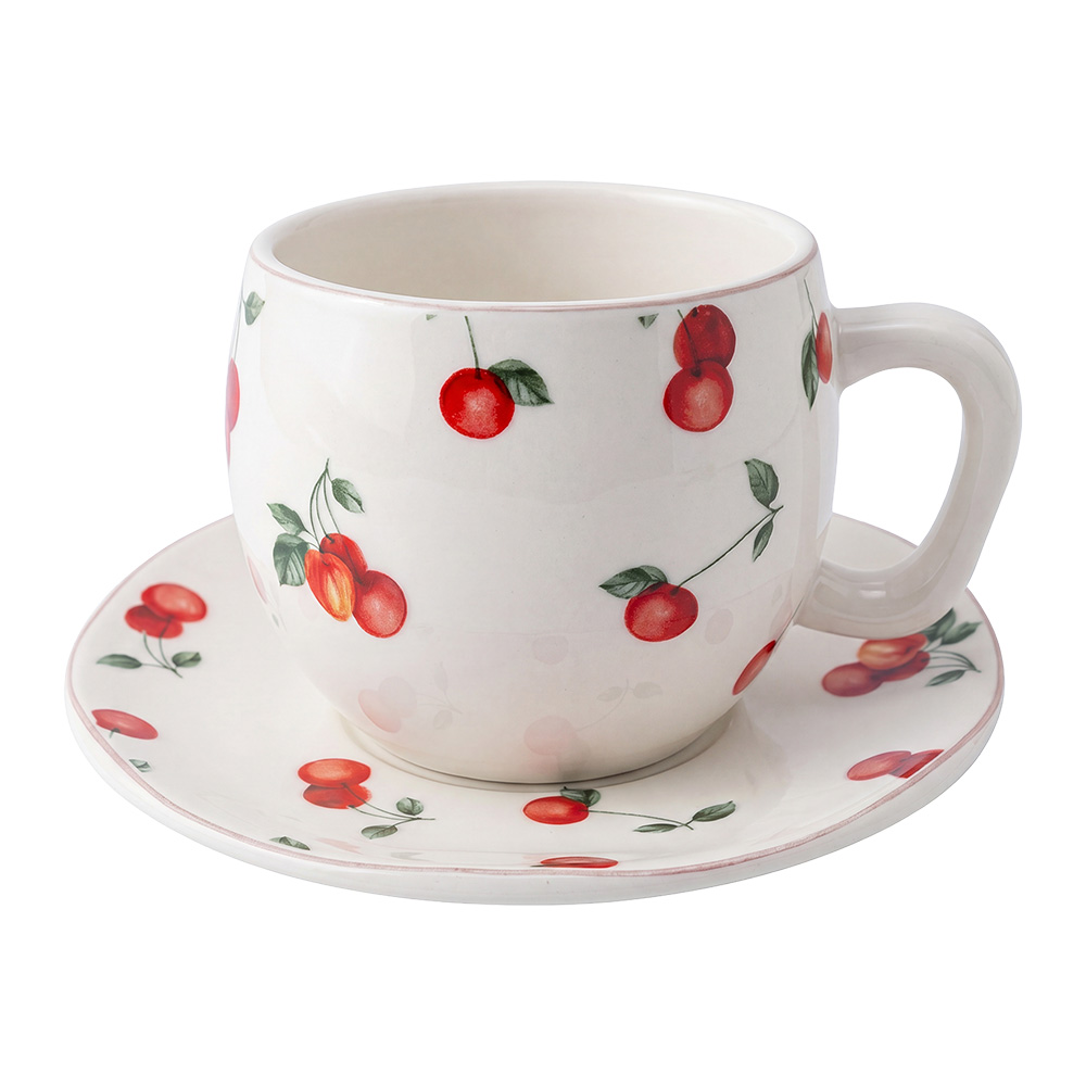 Clayre & Eef | Kop en schotel Wit Rood / 250 ml | 6CEKS0149