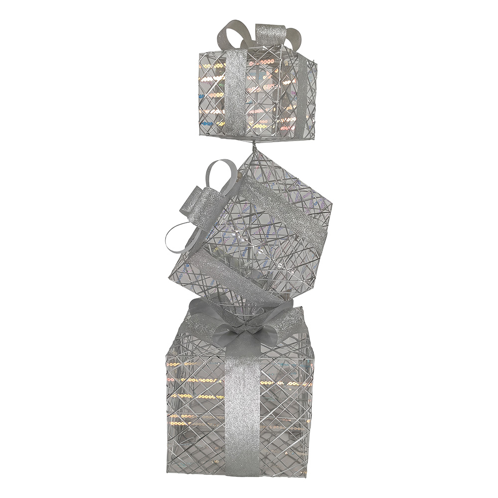 Clayre & Eef | Decoratie van opgestapelde Cadeautjes met LED Zilverkleurig 25x25x97 cm / 3xAA | 50927