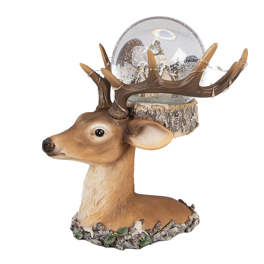 Clayre & Eef | Sneeuwbol Hert met LED Bruin Beige 18x20x23 cm / 2xAAA | 66757