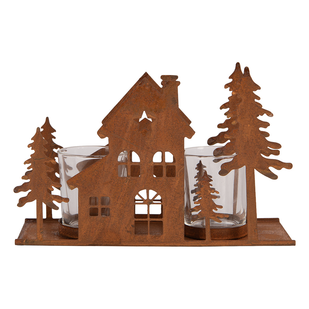 Clayre & Eef | Theelichthouder Huis Bruin 20x8x12 cm | 6Y6132