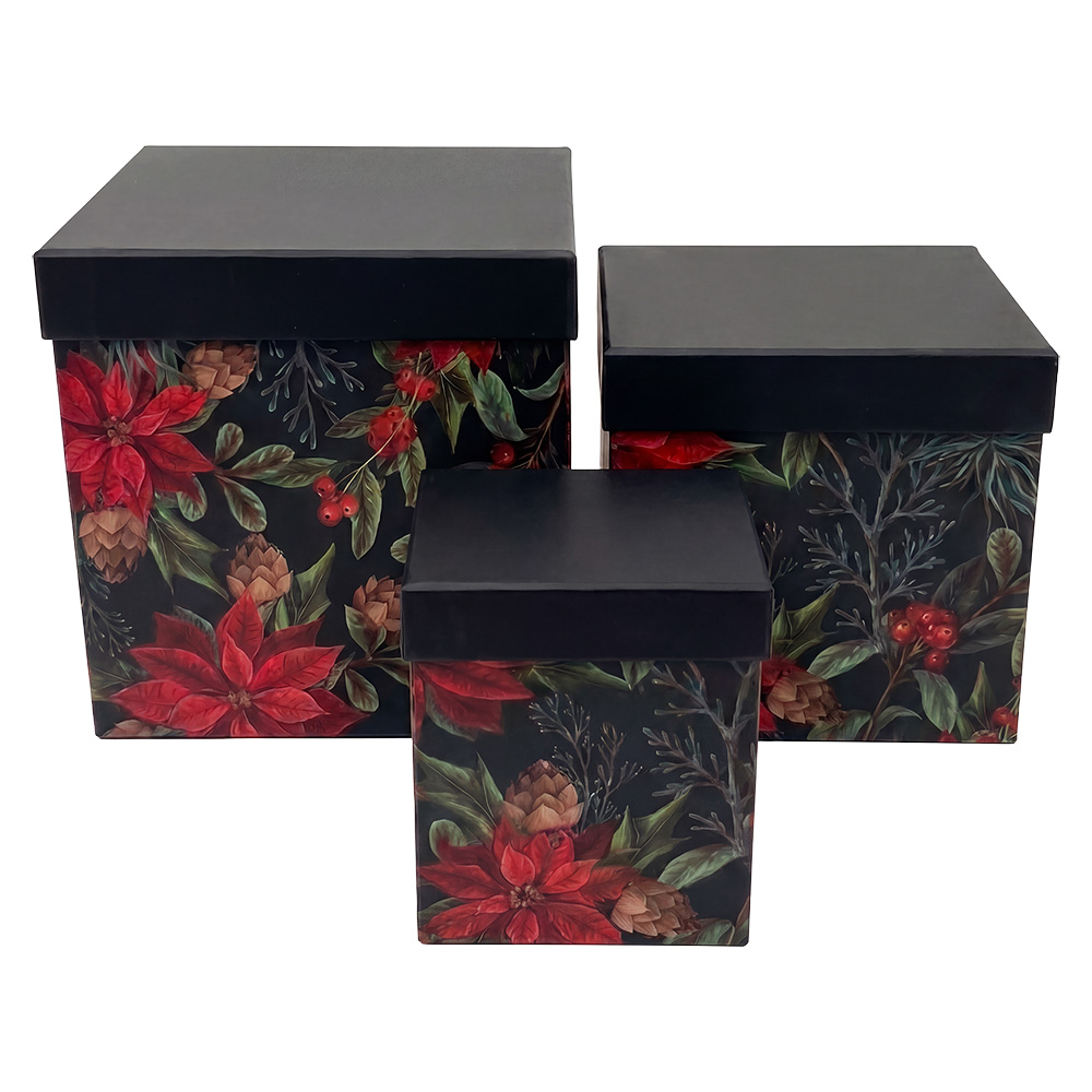 Clayre & Eef | Opbergdoos (3) Zwart Groen 21x21x21 / 18x18x19 / 15x15x18 cm | 67052