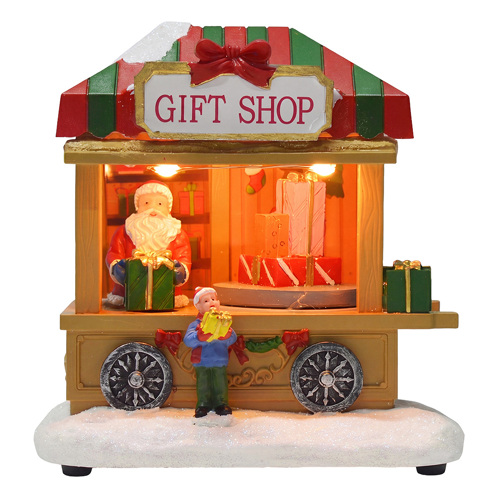 Clayre & Eef | Kerstdecoratie marktkraampje met LED Bruin Rood 14x10x14 cm / 3xAAA | 67140