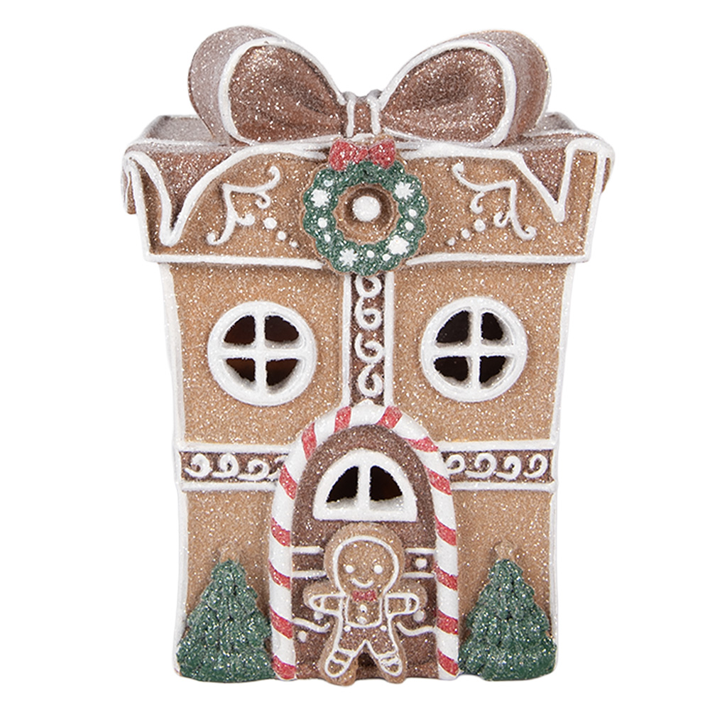 Clayre & Eef | Decoratie Huis met LED Bruin Wit 12x9x16 cm / 2xAAA | 6PR6254