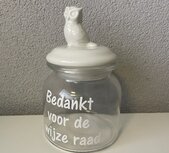 Voorraadpot uil transparant wit bedankt voor de wijze raad 17 x 11 cm snoeppot | Juf & Meester Kado Voorraadpot uil transparant wit bedankt voor de wijze raad 17 x 11 cm snoeppot | Juf & Meester Kado