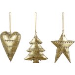 Dekoratief | Hanger hart/boom/ster, goud, metaal, 11x8x2cm, set van 3 stuks | A225148 Dekoratief | Hanger hart/boom/ster, goud, metaal, 11x8x2cm, set van 3 stuks | A225148