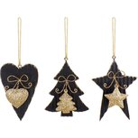 Dekoratief | Hanger hart/boom/ster, zwart/goud, metaal, 11x7x2cm, set van 3 stuks | A225154 Dekoratief | Hanger hart/boom/ster, zwart/goud, metaal, 11x7x2cm, set van 3 stuks | A225154