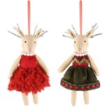 Dekoratief | Hanger rendier meisje, rood/groen, stof, 9x15cm, set van 2 stuks | A225297 Dekoratief | Hanger rendier meisje, rood/groen, stof, 9x15cm, set van 2 stuks | A225297