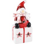 Dekoratief | Sneeuwman op doos, wit/rood, dolomiet, LED, 6x5x14cm | A225948 Dekoratief | Sneeuwman op doos, wit/rood, dolomiet, LED, 6x5x14cm | A225948