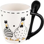 Dekoratief | Mok m/lepel m/kippen, wit/zwart, keramiek, 13x9x11cm | A230562 Dekoratief | Mok m/lepel m/kippen, wit/zwart, keramiek, 13x9x11cm | A230562