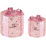 Dekoratief | Set 2 cadeautjes rond, roze/glitter, rotan, LED, 25x25x30cm | A235187 Dekoratief | Set 2 cadeautjes rond, roze/glitter, rotan, LED, 25x25x30cm | A235187