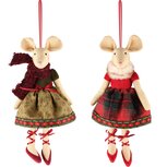 Dekoratief | Hanger muis m/jurkje, groen/rood, stof, 14x10x24cm, set van 2 stuks | A235405 Dekoratief | Hanger muis m/jurkje, groen/rood, stof, 14x10x24cm, set van 2 stuks | A235405