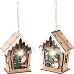 Dekoratief | Hanger huisje m/santa/sneeuwman, hout, LED, 10x5x11cm, set van 2 stuks | A235556 Dekoratief | Hanger huisje m/santa/sneeuwman, hout, LED, 10x5x11cm, set van 2 stuks | A235556