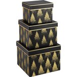 Dekoratief | Set 3 dozen vierkant 'Gold Glitter Trees', zwart/goud, 18x18x14cm | A235594 Dekoratief | Set 3 dozen vierkant 'Gold Glitter Trees', zwart/goud, 18x18x14cm | A235594