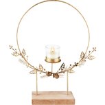 Dekoratief | Theelichthouder ring m/blaadjes, goud/naturel, hout/glas, 35x29x7cm | A235654 Dekoratief | Theelichthouder ring m/blaadjes, goud/naturel, hout/glas, 35x29x7cm | A235654