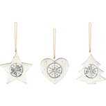 Dekoratief | Hanger boompje/hart/ster, zilver/wit, metaal, 8x7x1cm, set van 3 stuks | A235660 Dekoratief | Hanger boompje/hart/ster, zilver/wit, metaal, 8x7x1cm, set van 3 stuks | A235660