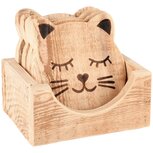 Dekoratief | Set 4 coaster poes, naturel, hout, 10x11cm | A235738 Dekoratief | Set 4 coaster poes, naturel, hout, 10x11cm | A235738