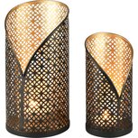 Dekoratief | Set 2 Waxinelichthouders 'Zipper', zwart/goud, metaal, 11x11x24cm | A238270 Dekoratief | Set 2 Waxinelichthouders 'Zipper', zwart/goud, metaal, 11x11x24cm | A238270