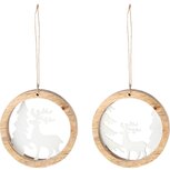 Dekoratief | Hanger rond m/rendier, wit/naturel, metaal/hout, 10x10x2cm, set van 2 stuks | A238282 Dekoratief | Hanger rond m/rendier, wit/naturel, metaal/hout, 10x10x2cm, set van 2 stuks | A238282