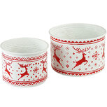 Dekoratief | Set 2 bakken rond m/rendieren, wit/rood, metaal, 25x25x17cm | A239081 Dekoratief | Set 2 bakken rond m/rendieren, wit/rood, metaal, 25x25x17cm | A239081