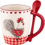 Dekoratief | Mok m/lepel m/haantje, wit/rood, keramiek, 13x9x11cm | A240087 Dekoratief | Mok m/lepel m/haantje, wit/rood, keramiek, 13x9x11cm | A240087