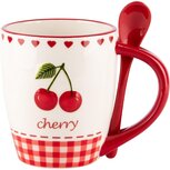 Dekoratief | Mok m/lepel m/kersen, wit/rood, keramiek, 13x9x11cm | A240088 Dekoratief | Mok m/lepel m/kersen, wit/rood, keramiek, 13x9x11cm | A240088