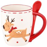 Dekoratief | Mok m/lepel m/rendier, dolomiet, wit/rood, 13x9x11cm | A245040 Dekoratief | Mok m/lepel m/rendier, dolomiet, wit/rood, 13x9x11cm | A245040