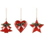 Dekoratief | Hanger boompje/hartje/ster, rood, metaal, 10x3x10cm, set van 3 stuks | A245381 Dekoratief | Hanger boompje/hartje/ster, rood, metaal, 10x3x10cm, set van 3 stuks | A245381