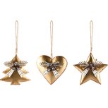 Dekoratief | Hanger boompje/hartje/ster, goud, metaal, 10x3x10cm, set van 3 stuks | A245382 Dekoratief | Hanger boompje/hartje/ster, goud, metaal, 10x3x10cm, set van 3 stuks | A245382
