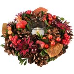 Dekoratief | Tafelstukje m/bloemen/besjes, rood/oranje, 20x20x7cm | A245505 Dekoratief | Tafelstukje m/bloemen/besjes, rood/oranje, 20x20x7cm | A245505