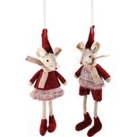 Dekoratief | Hanger muisje m/sjaal, beige/rood, stof, 5x5x15cm, set van 2 stuks | A245729 Dekoratief | Hanger muisje m/sjaal, beige/rood, stof, 5x5x15cm, set van 2 stuks | A245729