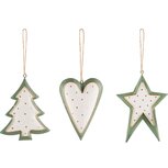 Dekoratief | Hanger hartje/boompje/ster, groen, metaal, 11x2x8cm, set van 3 stuks | A245802 Dekoratief | Hanger hartje/boompje/ster, groen, metaal, 11x2x8cm, set van 3 stuks | A245802