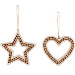 Dekoratief | Hanger hart/ster m/parels, naturel/goud, hout, 11x1x10cm, set van 2 stuks | A245807 Dekoratief | Hanger hart/ster m/parels, naturel/goud, hout, 11x1x10cm, set van 2 stuks | A245807