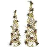 Dekoratief | Set 2 Kegel vorm m/kerstgroen/besjes, rotan, LED, 20x20x80cm | A245855 Dekoratief | Set 2 Kegel vorm m/kerstgroen/besjes, rotan, LED, 20x20x80cm | A245855