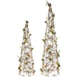 Dekoratief | Set 2 Kegel vorm m/kerstgroen, rotan, LED, 20x20x80cm | A245856 Dekoratief | Set 2 Kegel vorm m/kerstgroen, rotan, LED, 20x20x80cm | A245856