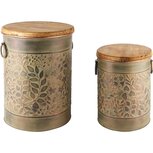 Dekoratief | Set 2 tonnen m/blaadjes, groen, metaal/hout, 26x26x34cm | A245884 Dekoratief | Set 2 tonnen m/blaadjes, groen, metaal/hout, 26x26x34cm | A245884