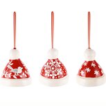 Dekoratief | Hanger mutsje m/ster/vogeltje, rood/wit, karton, 7x7x9cm, set van 3 stuks | A248195 Dekoratief | Hanger mutsje m/ster/vogeltje, rood/wit, karton, 7x7x9cm, set van 3 stuks | A248195