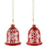 Dekoratief | Hanger klokje m/ster/bloem, rood/wit, karton, 5x5x7cm, set van 2 stuks | A248196 Dekoratief | Hanger klokje m/ster/bloem, rood/wit, karton, 5x5x7cm, set van 2 stuks | A248196