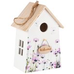 Dekoratief | Hanger vogelhuisje m/bloemen 'Welcome', wit/paars, hout, 13x10x19cm | A250298 Dekoratief | Hanger vogelhuisje m/bloemen 'Welcome', wit/paars, hout, 13x10x19cm | A250298