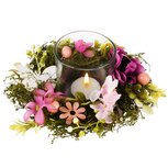 Dekoratief | Tafelstukje m/bloemen, lila/paars, hout/pvc/glas, 18x18x8cm | A250346 Dekoratief | Tafelstukje m/bloemen, lila/paars, hout/pvc/glas, 18x18x8cm | A250346